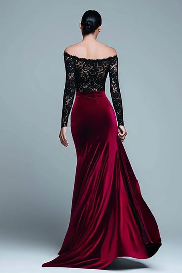 Black and Burgundy Velvet Mermaid Long Sleeve Lace Formal Dress